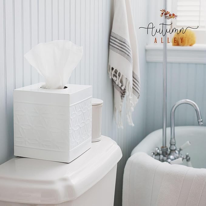Autumn Alley White Tissue Box Cover Square, Bathroom Accessories, Decorative Tissue Holders for Bathrooms, Bedroom, Kitchen with Embossed Pattern Tissue Holders Decorative, Modern, White
