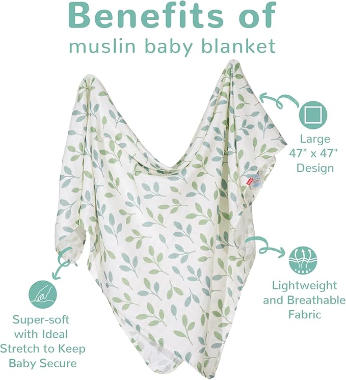 HECCEI Muslin Swaddle Blankets - Baby Muslin Blanket Large Swaddles 47 x 47 inches Breathable & Soft Baby Receiving Blanket Gender Neutral for Newborn Boys Girls, Leafy Canopy