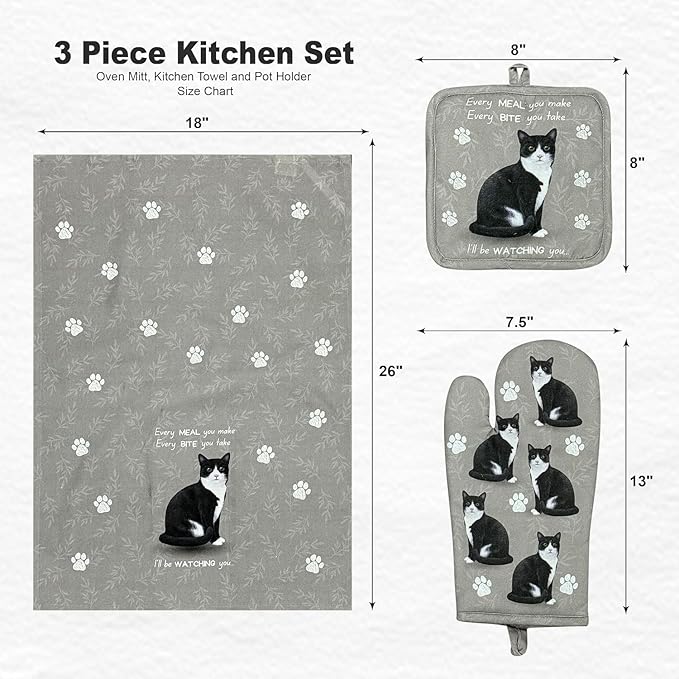 Black and White Cat 3-Piece Kitchen Set - Oven Mitt, Pot Holder & Kitchen Towel Set, Heat Resistant up to 420 F, Soft Quilted Cotton for Cooking, Baking, BBQ, Pet Lover Gifts (Black and White Cat)