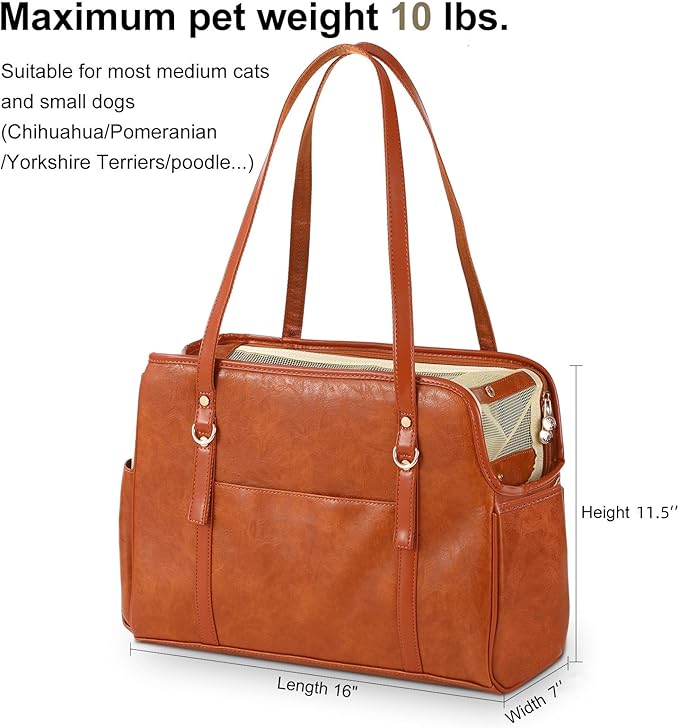 Lasaviin Dog Carrier Purse, Fashion Leather Pet Carrier with Pockets, Airline Approved Soft Sided Dog Carrying Bag for Puppy Cat Dog Brown