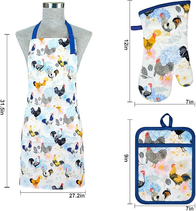 Oven Mitts and Pot Holders with Chef Apron,Set of 5 Heat Resistant Kitchen Gloves and Silicone Non-Slip Potholders Adjustable Neck Buckle Chef Apron, Cotton Nice Design for Cooking (Rooster)