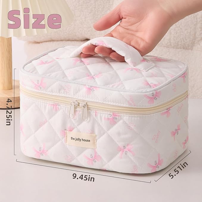 Quilted Makeup Bag, Large Capacity Travel Cosmetic Bag for Women and Girls, Aesthetic Storage for Daily and Travel (Pink Bow)