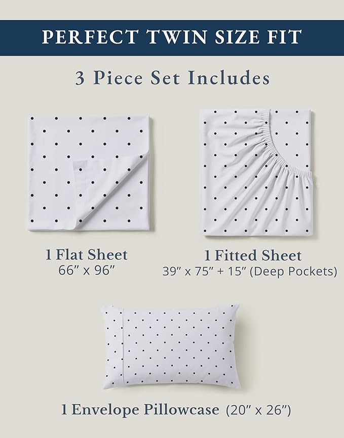 LANE LINEN 100% Organic Cotton Twin Sheets Set - 3 PC Bedding Sheets & Pillowcases - Breathable & Cooling Bed Sheets - Deep Pocket up to 15", Sheets for Twin Size Bed: Polka Dot (Black)