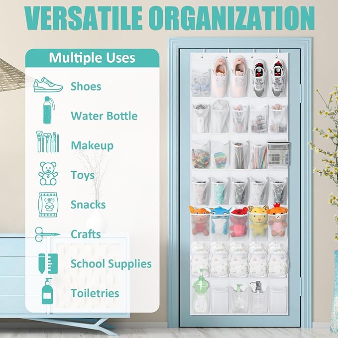 Tiblue Over The Door Shoe Organizer 35 Mesh Pockets Hanging Shoe Organizer Shoe Rack For Door Closet Entryway Bedroom Pantry Organizer - Shoe Holder Hanger For Sneakers, Women High Heeled Shoes White