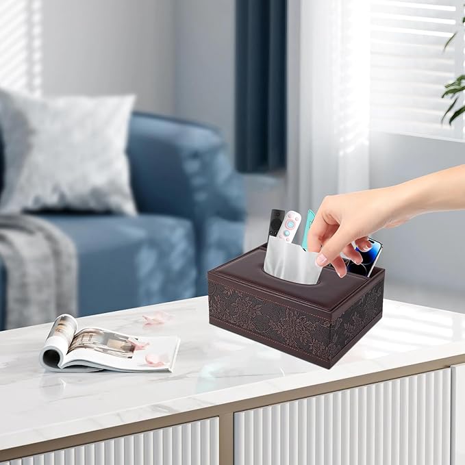 XNONE Tissue Box Cover Rectangle Retro Tissue Box Holder PU Leather Facial Tissues Organizer,Multifunctional Remote Control Stationery Storage Box,Home Office Supplies Car Napkin Caddy