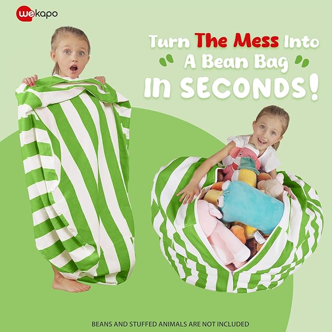 WEKAPO Stuffed Animal Storage Bean Bag Chair Cover for Kids | Stuffable Zipper Beanbag for Organizing Children Plush Toys Large Premium Cotton Canvas (Green, XX-Large)