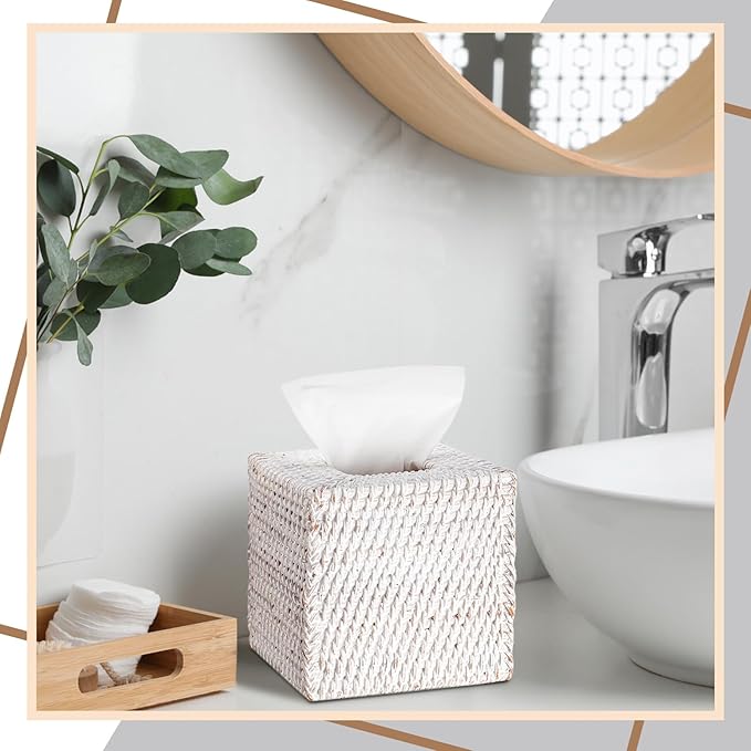 Kigley 2 Pcs Square Rattan Tissue Box Cover Boho Wicker Tissue Cube Box Cover 5.5'' x 5.5'' x 5.5'' Decorative Natural Wicker Hand Woven Napkin Box Holder Bathroom Office Car Accessories (White)