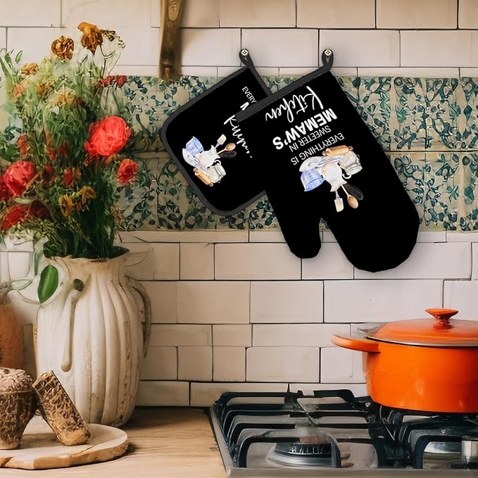 Memaw Gifts Oven Mitts and Pot Holders Sets, Gifts for Grandma from Grandkids, Sweeter in Memaw's Kitchen Heat Resistant Oven Glove Potholders for Baking