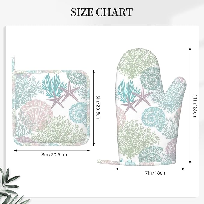 Nautical Coastal Oven Mitts and Pot Holders Set, 4pcs Silicone Starfish Seashell Coral Beach Themed Oven Glove for Kitchen Heat Resistant Oven Mitts and Non-Slip Potholders Pink Green Purple