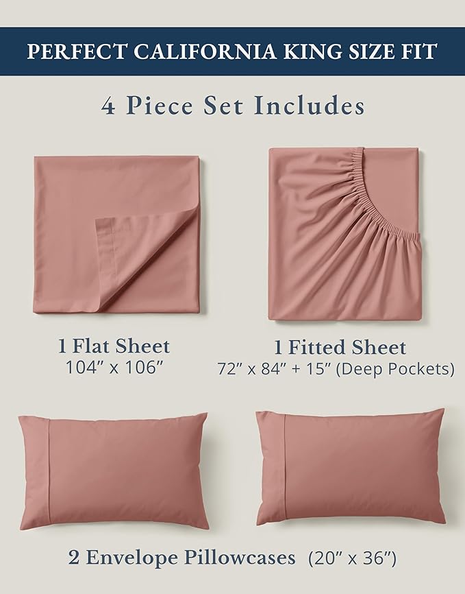 LANE LINEN 100% Organic Cotton California King Sheets Set, 4-Piece Pure Organic Cotton Long Staple Percale Weave Soft Best Bedding Sheets for Bed, Breathable, Fits Mattress Upto 15" Deep - Rose Dawn