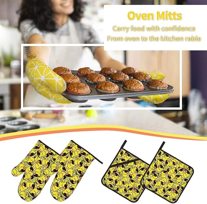 Funny Rubber Duck with Sunglasses Oven Mitts and Pot Holders 4 Pcs Set Oven Gloves and Potholders for Cooking Microwave BBQ Baking Grilling