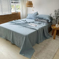 Simple&Opulence Washed Linen Bed Sheet Set Basic Style 4 Pieces (1 Flat Sheet & 1 Fitted Sheet & 2 Pillowcases) 100% Natural French Flax Soft Breathable Farmhouse Bedding (Queen, Duaty Blue)