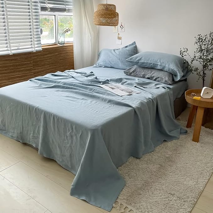 Simple&Opulence Washed Linen Bed Sheet Set Basic Style 4 Pieces (1 Flat Sheet & 1 Fitted Sheet & 2 Pillowcases) 100% Natural French Flax Soft Breathable Farmhouse Bedding (King, Duaty Blue)