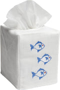 Jacaranda Living Square Tissue Box Cover, Linen/Cotton Fabric Tissue Holder, Decorative Cloth Tissue Cube Cover, Coastal Designs School of Fish, Blue