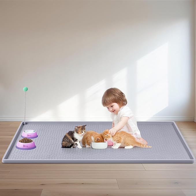 Bartuke Cat Food Mat with Toy Ball, 38'' x 25'' Extra Large Silicone Pet Feeding Mat with Raised Edge Pet Placemat for Food and Water Bowl Non-Slip, Easy to Clean, Floor Protection (Grey)