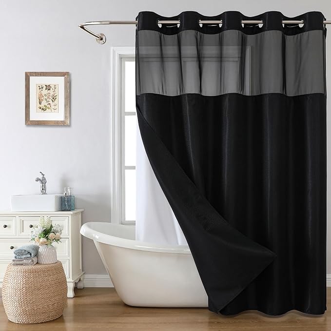 eachope Black No Hook Shower Curtain with Snap-in Fabric Liner Set,Waffle Weave Shower Curtains for Bathroom,Hotel Luxury Decor Bathroom Curtain Set,Waterproof & Washable,71Wx74H