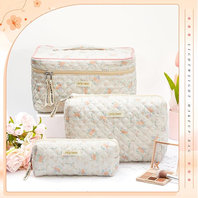 Zeyune 3 Pcs Makeup Bag Quilted Cosmetic Bags Large Floral Makeup Bag Set for Women Cotton Flower Travel Toiletry Storage Cute with Zipper for Women Mom Birthday Gift Home Bathroom(Apricot Peony)