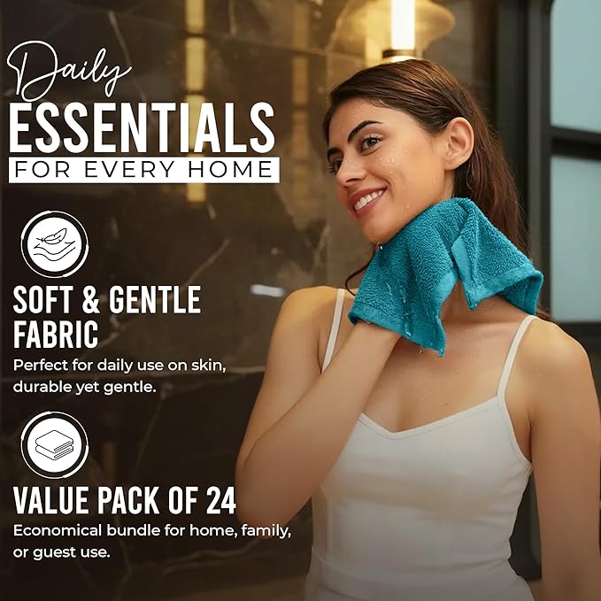 RIVERSIDE 24 Pack Washcloths Set - 100% Cotton [12x12 Inches] - 500 GSM, Soft, Quick-Dry & Highly Absorbent Face Towels - Perfect for Bathroom, Gym, Hotel, Spa & Travel - Teal