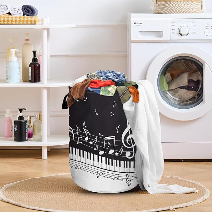 Piano Music Note Laundry Basket with Sturdy Handles, Collapsible Oxford Cloth Laundry Hamper Organizer Basket for Bathroom Bedroom 15.7x20 Inch