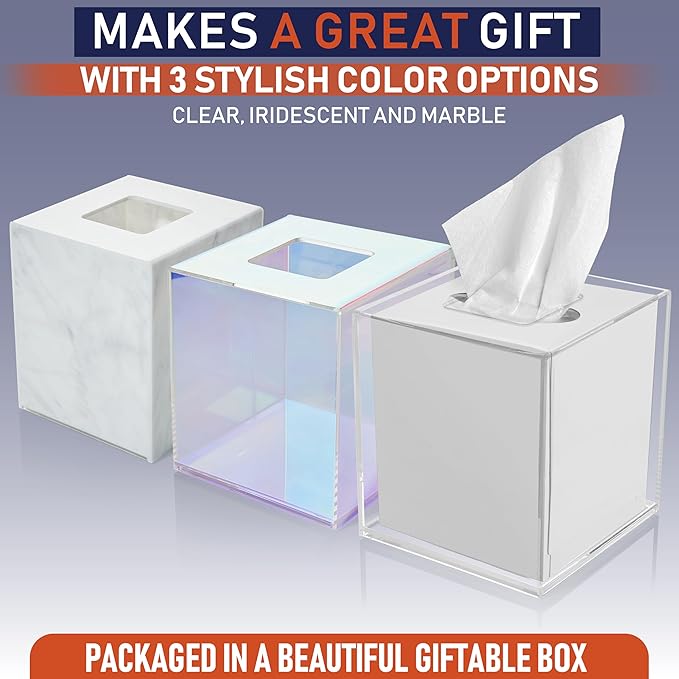 Acrylic Tissue Box Holder, Clear Dispenser for Facial Tissues, Napkins, and Dryer Sheets. Perfect for Bathrooms, Desks, Countertops, Vanities, Bedrooms, and Nightstands (Square, Iridescent)
