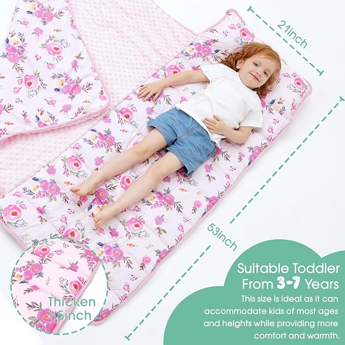 ACRABROS Toddler Nap Mat with Pillow and Blanket, Extra Large Rolled Napping Mats,Slumber Bags for Boys Girls,Kids Sleeping Bag for Daycare, Preschool Travel Camping,Pink Floral