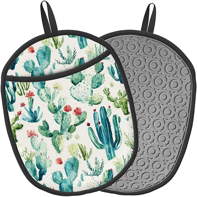 Pot Holders 2 Pack Silicone, Cotton Lining, Heat Resistant to 500°F (260°C), Non-Slip Grip, 7.5"x9.4" Oval Kitchen Hot Pads for Oven, Cooking (Cactus Flower, Potholders)