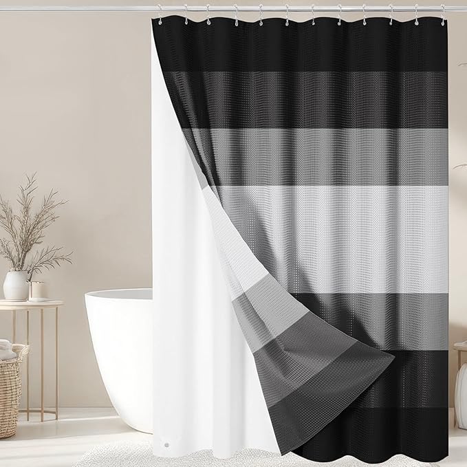 Nesphy Shower Curtain and Liner, Grey and Black White Striped 3 in 1 Shower Curtain and PEVA Liner Set with 12 Rust-Resistant Metal Hooks, Waterproof Fabric Shower Curtains for Bathroom, 72 W x 72 H