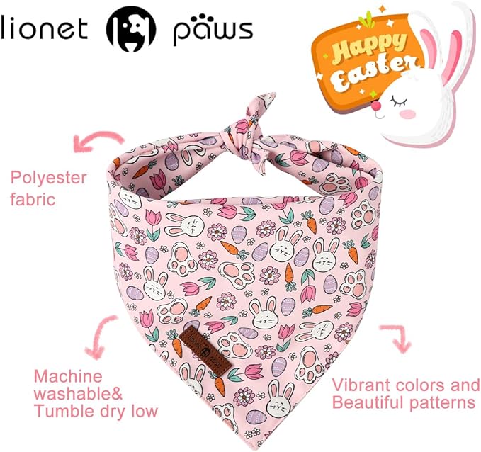 Lionet Paws Easter 2pcs Dog Bandanas, Pink Rabbit Dog Scarf Bib Premium Fabric,Cute Rabbit Claw Flower Bandanas for Small Medium Dogs Pets