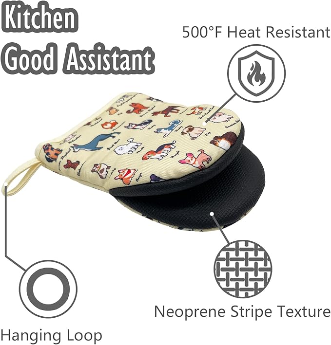Dog Flowe Beige Boston Terrier Dachshund Mini Silicone Oven Mitts, Heat Slip Resistant Kitchen Gloves 2-Pack Set, Soft Short Small Oven Mittens Pot Holders for Baking Grilling Barbecue Microwave Gift