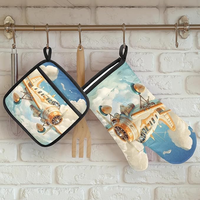 Airplanes Oven Mitts and Pot Holders Sets, 2 Pcs Decorative Kitchen Oven Glove for Cooking