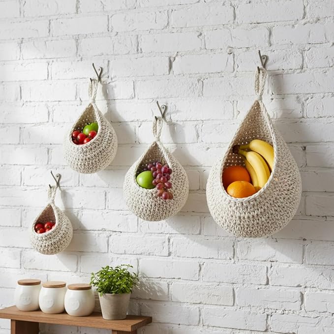 6 Pack Natural Cotton Rope Hanging Basket Hand Woven Wall Mounted Hung Fruit Vegetable Potted Plants Organizer Living Room Kitchen Boho Decor Storage Bags (6 Sizes White)