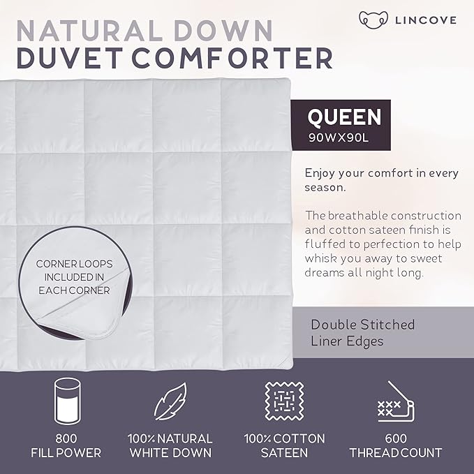 Lincove Canadian Down Comforter – All-Season Warmth Duvet Insert – Corner Loops in Each Corner, 600 Thread Count - 100% Cotton Sateen Shell, Queen