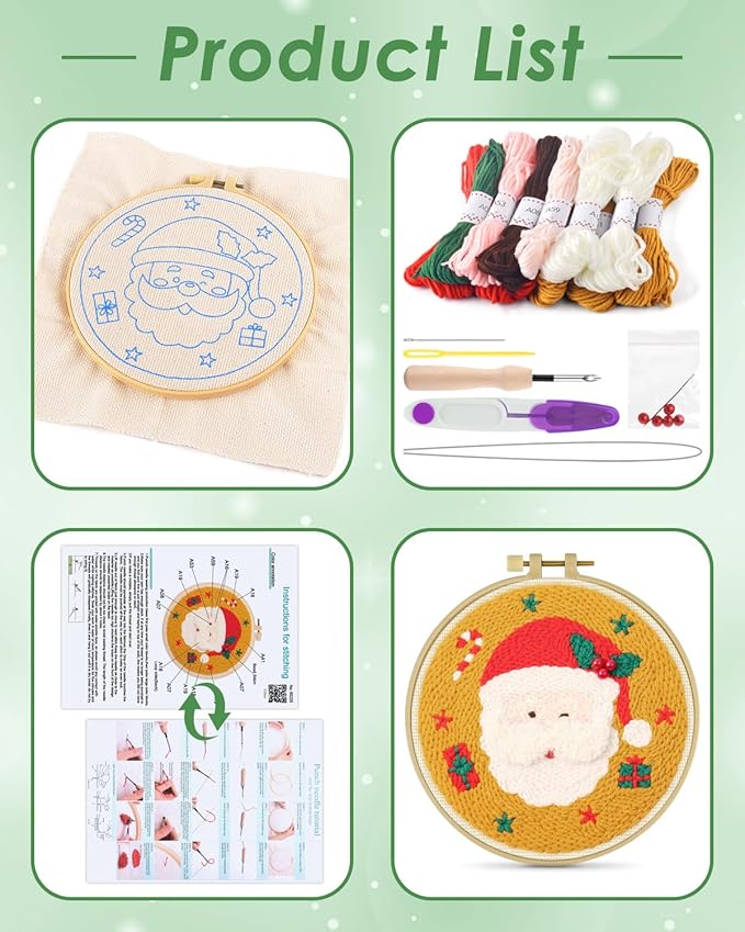 ERKOON Christmas Punch Needle Kit Adults Beginners, DIY Easy Christmas Embroidery Set for Starter Art Craft, Needling Punch Project with Patterns, Tools, Yarns, Hoop, Instruction (Santa Claus)