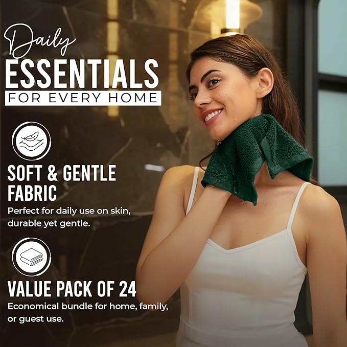 RIVERSIDE 24 Pack Washcloths Set - 100% Cotton [12x12 Inches] - 500 GSM, Soft, Quick-Dry & Highly Absorbent Face Towels - Perfect for Bathroom, Gym, Hotel, Spa & Travel - Hunter Green