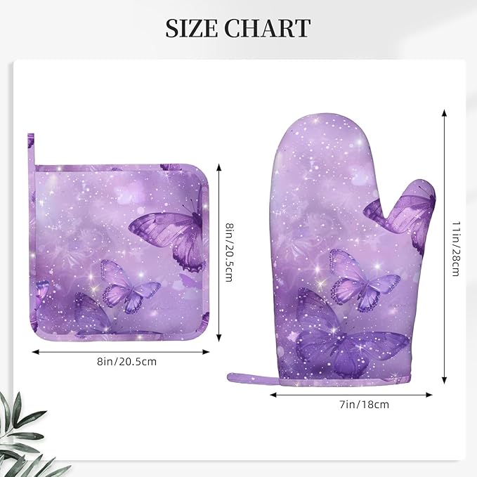 Oven Mitts Pot Holders Set Butterfly Purple Pastel Silicone Kitchen Gloves Potholders Heat Resistant for Chef Baking Cooking Grilling BBQ 4 Pack Mitt