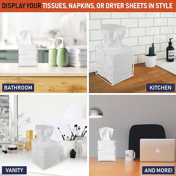 Acrylic Tissue Box Holder, Square Dispenser for Facial Tissues, Napkins, and Dryer Sheets. Perfect for Bathrooms, Desks, Countertops, Vanities, Bedrooms, and Nightstands (Square, Clear)