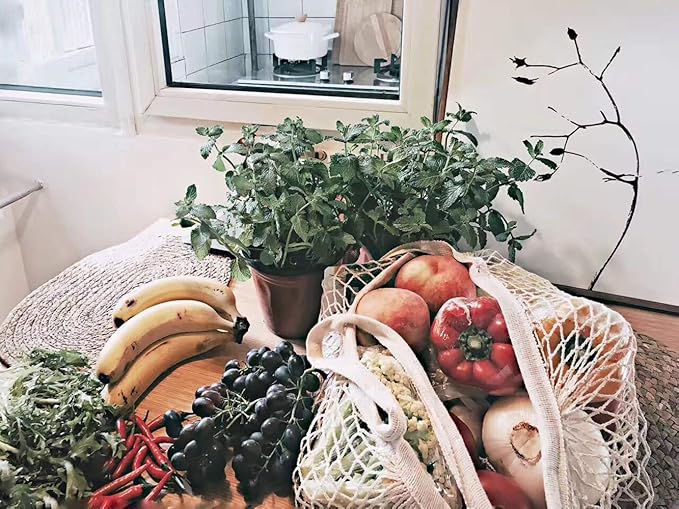 Ahyuan Ecology Reusable Cotton Mesh Grocery Bags 5Pack Long Hand Cotton Mesh String Net Shopping Tote Bags