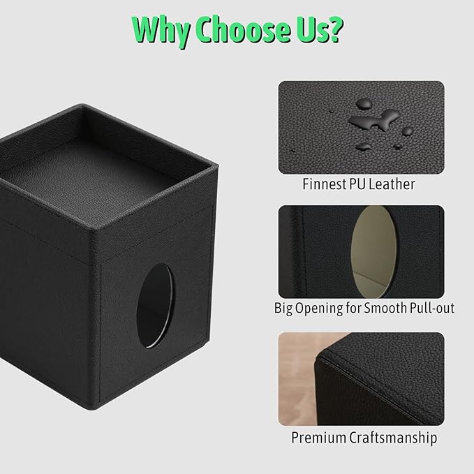 Lorteme Tissue Box Cover, PU Leather Square Tissue Box Holder with Upper Storage Tray for Bathroom/Countertop/Nightstand/Office Table - Black
