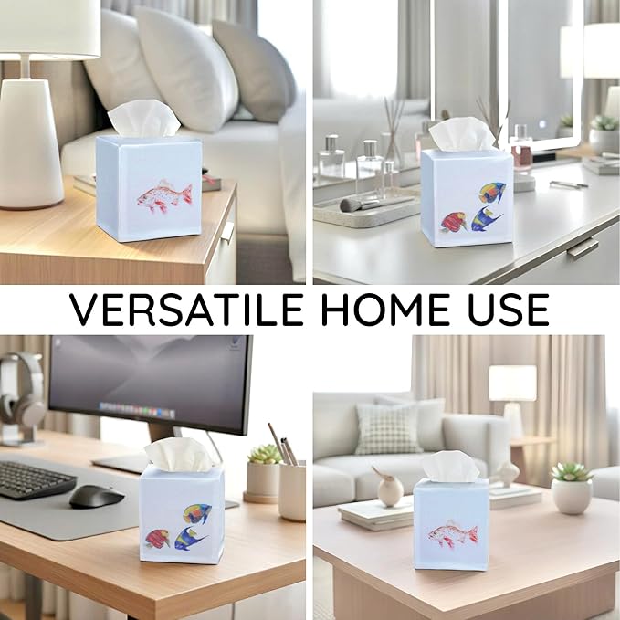 EmbroideryLinen.VN Tissue Box Cover Set of 2, Square Cotton Tissue Holder, Printed Animal Pattern, 4.5x4.5x5.5 Inches, Decorative Holder for Bathroom, Living Room, Office (Fish)
