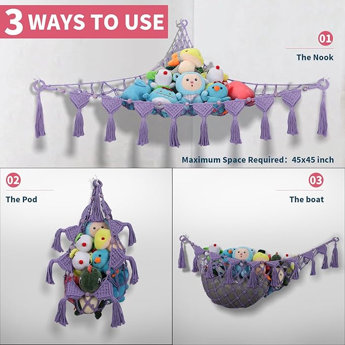 Stuffed Animal Storage Hammock, 56'' Jumbo Hanging Net Organizer for Nursery Teddy Plushie, Boho Macrame Tassels Corner Toy Holder Wall Mount, Purple Plush Toy Net w/LED Light for Boys Girls Gift