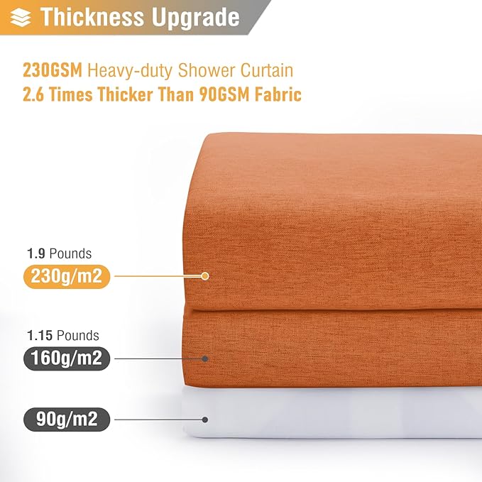 BTTN Orange Shower Curtain - Linen Textured Heavy Duty Waterproof Cloth Shower Curtain Set with 12 Plastic Hooks, Hotel Spa Luxury Simple Decorative Thick Fabric Shower Curtains for Bathroom - 72x72