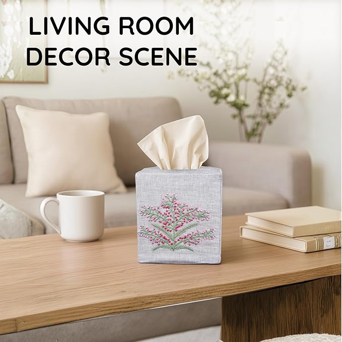 EmbroideryLinen.VN Tissue Box Cover Set of 2, Square Linen Tissue Holder, French Knot Hand Embroidered Floral Design, 4.5x4.5x5.5 Inches, Decorative Holder for Bathroom, Living Room, Office (Grey)