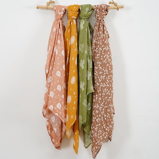 CoolaPeach 4 Set Muslin Swaddle Blankets for Newborn Baby Boys, Girls,Receiving Blankets-Cute Soft Print Baby Towel Wrap 120x110cm Baby(Cactus)