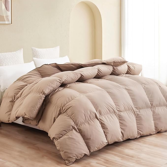 SNOWMAN Premium Down Comforter Twin Size, Luxurious All Season Duvet Insert with Cotton Blended Fabric, 3D Baffle Box Design Hotel Bedding Comforter (Khaki,68"x90")