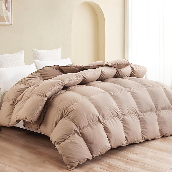 SNOWMAN Premium Down Comforter Palatial King Size, Luxurious All Season Duvet Insert with Cotton Blended Fabric, 3D Baffle Box Design Hotel Bedding Comforter (Khaki,120"x98")