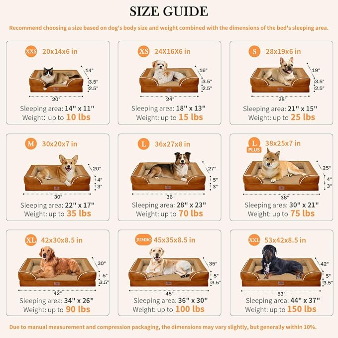 Comfort Expression Orthopedic Dog Bed for Extra Large Dogs 53x42 Inch, Waterproof Supportive Egg Crate Foam XXL Pet Bed with Removable Bolsters, Dog Couch with Washable Cover & Non-Slip Bottom, Orange