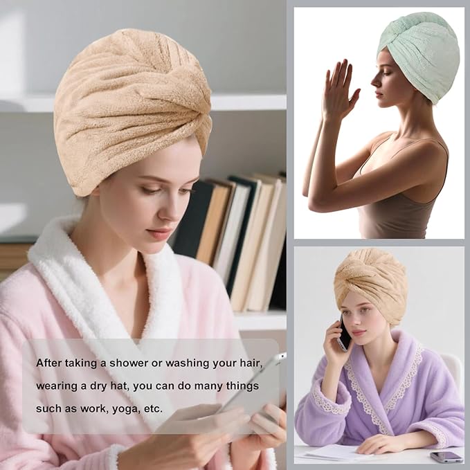 AGKXHDEC 2 Packs Single Layer Microfiber Hair Turbans - Drying Wrap for Women (Brown,Light Green)