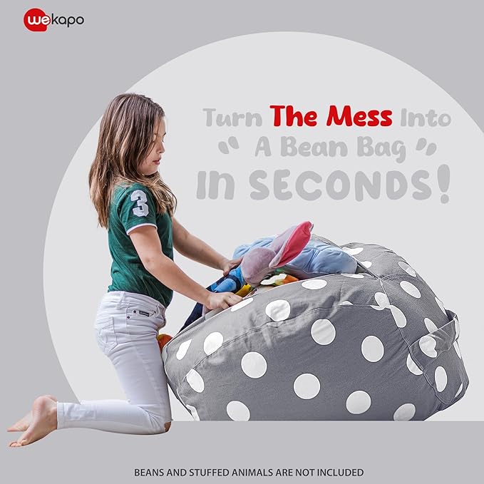 WEKAPO Stuffed Animal Storage Bean Bag Chair Cover for Kids | Stuffable Zipper Beanbag for Organizing Children Plush Toys Large Premium Cotton Canvas (Gray Dot, X-Large)