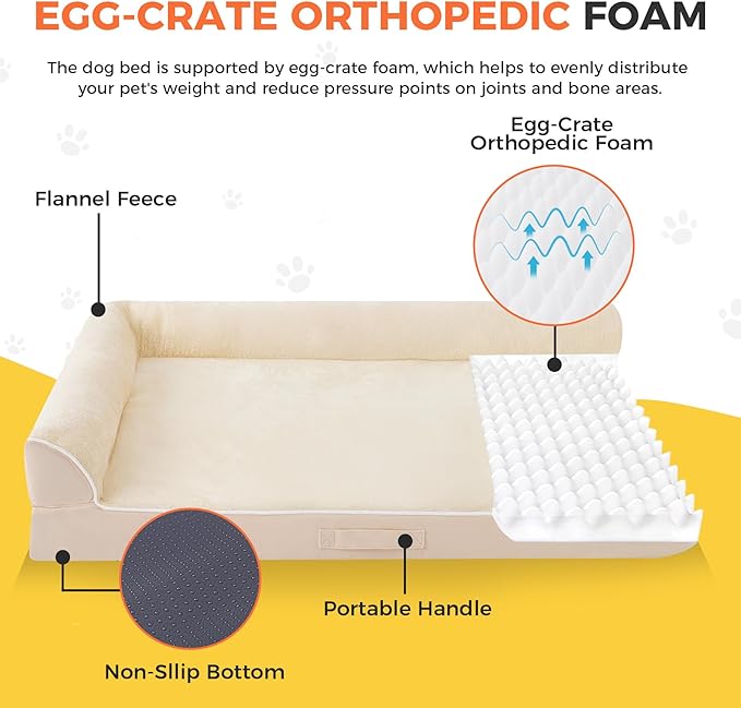 Aeroluxe Dog Bed Large Sized Dogs, Orthopedic Dog Bed for Large Dogs, Waterproof Pet Bed with Washable Removable Cover, L-Shaped Pet Couch with Portable Handle 36"x27"x6.5", Beige