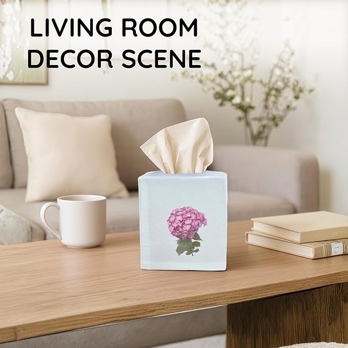 EmbroideryLinen.VN Tissue Box Cover Set of 2, Square Linen Tissue Holder, Printed Floral Design, 4.5x4.5x5.5 Inches, Decorative Holder for Bathroom, Living Room, Office (Tulip & Hydrangea)
